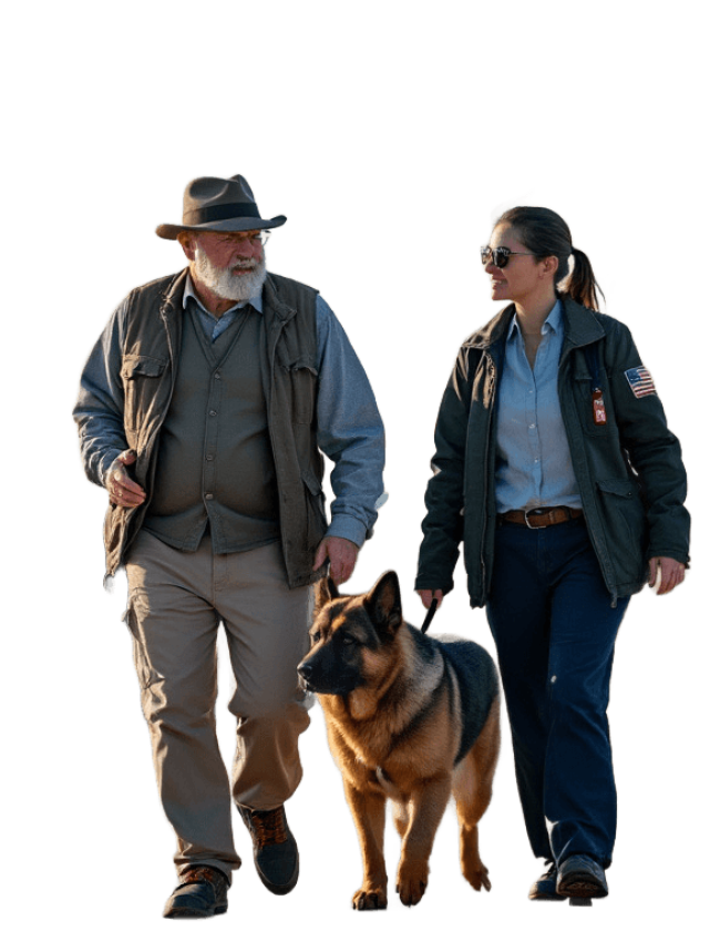 A veteran walking with his service dog and travel chaperone on the tarmac after arriving, showcasing Solara’s comprehensive support for veterans during their travel to the mental health facility.