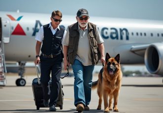 A veteran walking with his service dog alongside an airport staff member after landing, representing Solara Mental Health’s welcoming and accommodating services for veterans and their support animals.